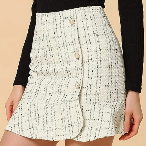 NWT! Allegra K Women's Plaid Skirts Ruffle Hem Button Decor Tweed Mini Skirt - Picture 2 of 5